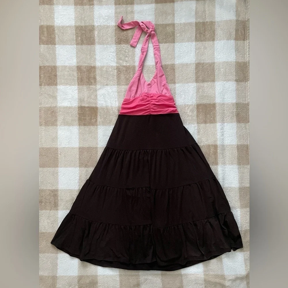 Vintage Hype size 7 Girls Halter Neck Dress Pink and Brown A-Line